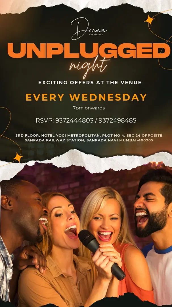 Unplugged Night story: the title in orange between torn-paper strips, 'Every Wednesday, 7pm onwards', the RSVP numbers and address, over a photo of four friends singing into one microphone