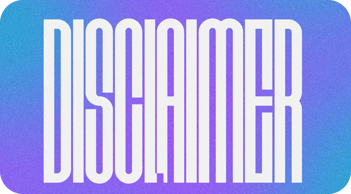 A tall condensed display face: DISCLAIMER in white on a blue-to-violet ground.