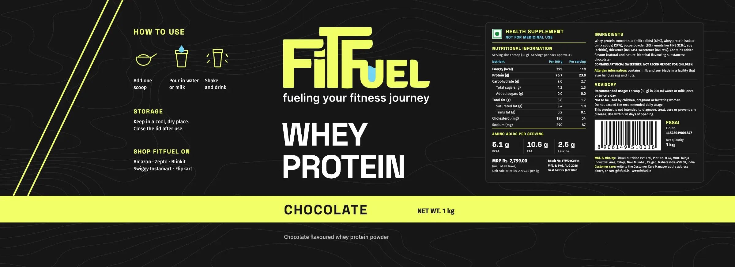 The chocolate whey label, flat: how to use on the left, the wordmark and “Whey Protein” in the middle, a lime band across the bottom