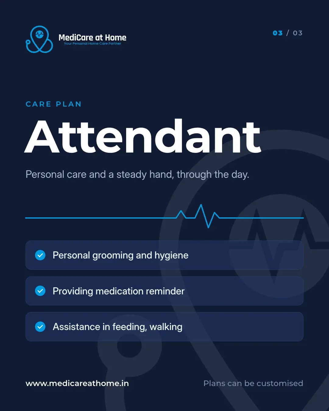 Care plan post 3 of 3: Attendant, with grooming and hygiene, medication reminders, and help with feeding and walking