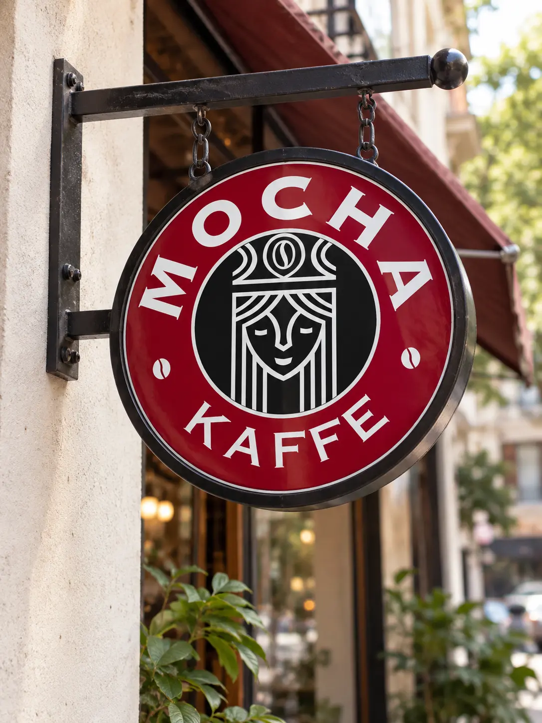 The round red Mocha Kaffe crest on a metal sign hanging from a black bracket on a painted wall.