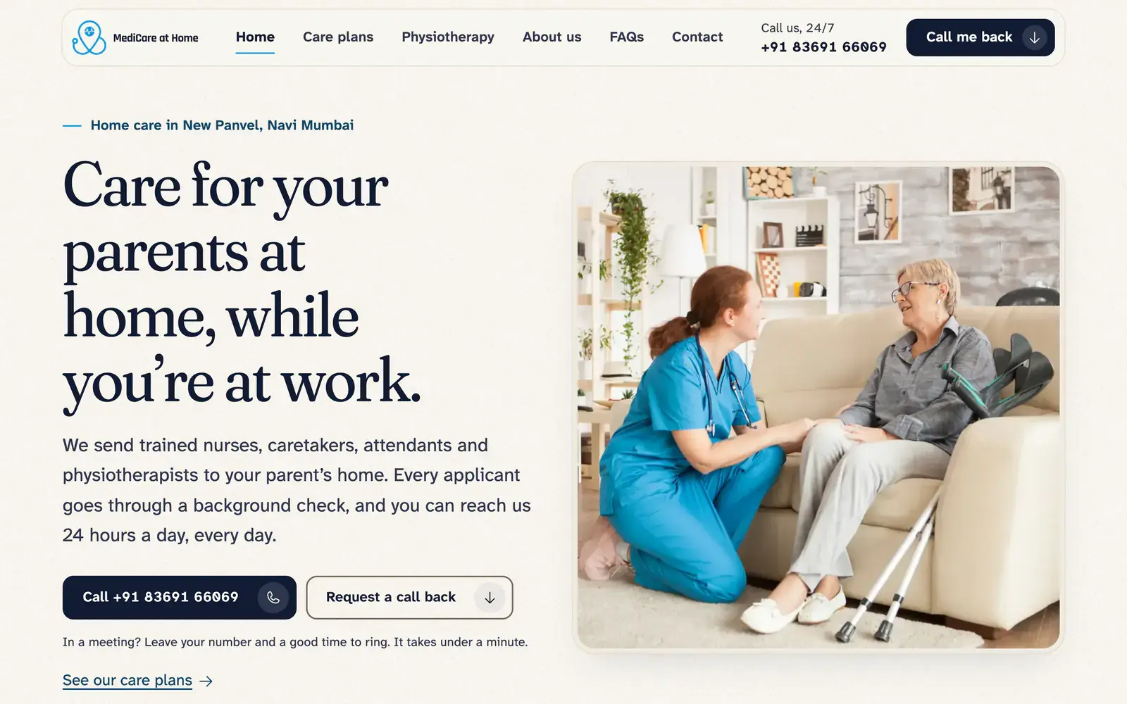 The top of the 2026 home page: the headline “Care for your parents at home, while you’re at work.”, the phone number in the header and on a large call button, and a carer kneeling beside an older woman on her sofa