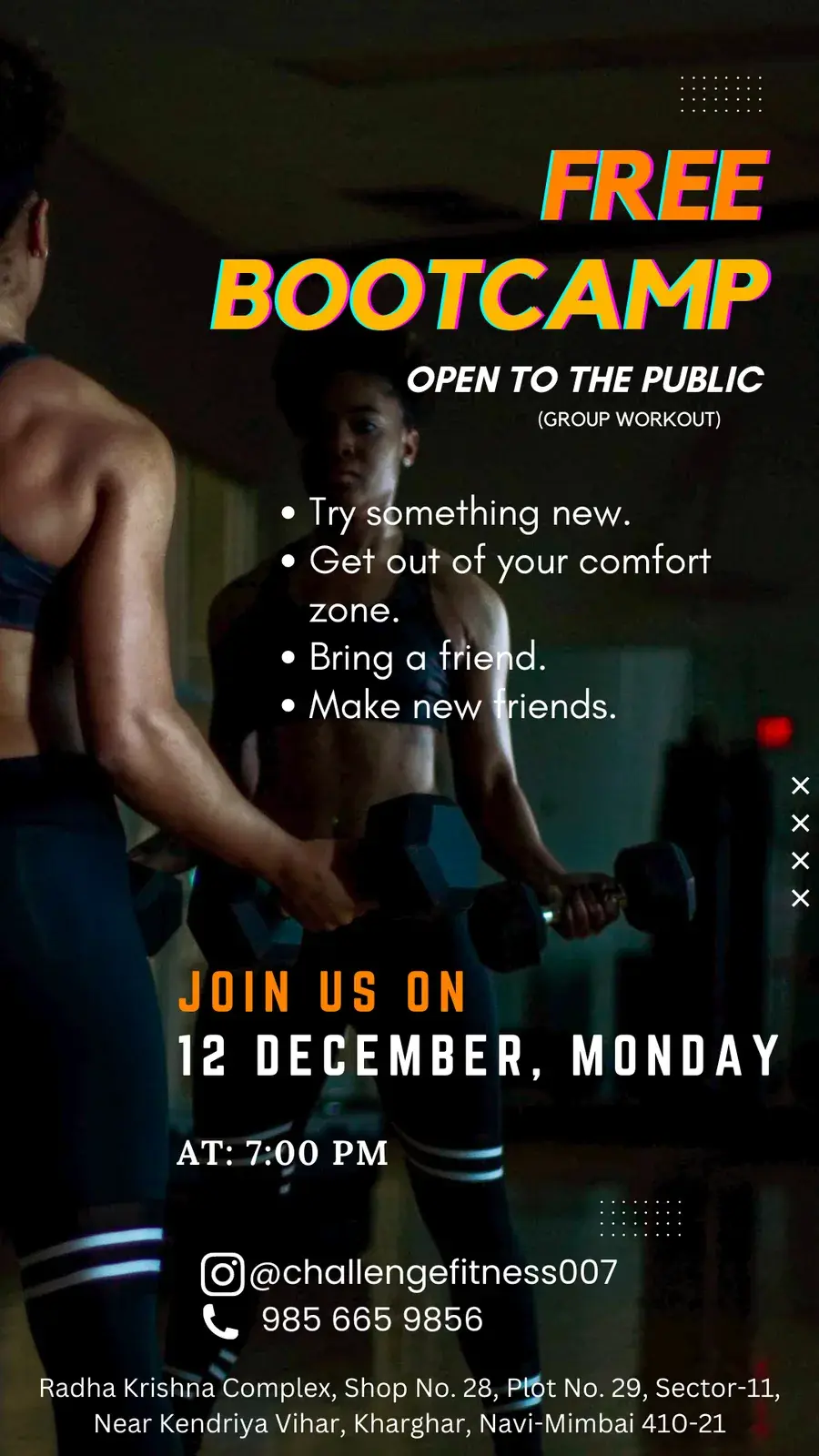 Free Bootcamp story: the same words over two people lifting dumbbells in a dark gym