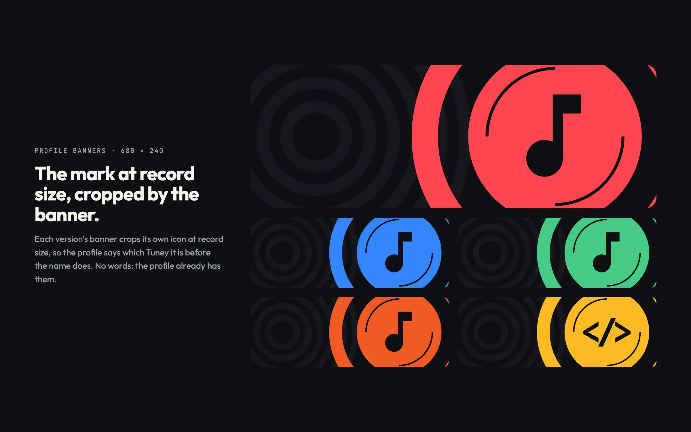 Five profile banners, each cropping its version’s icon at record size over faint rings: coral Tuney large, then blue, green, orange and yellow