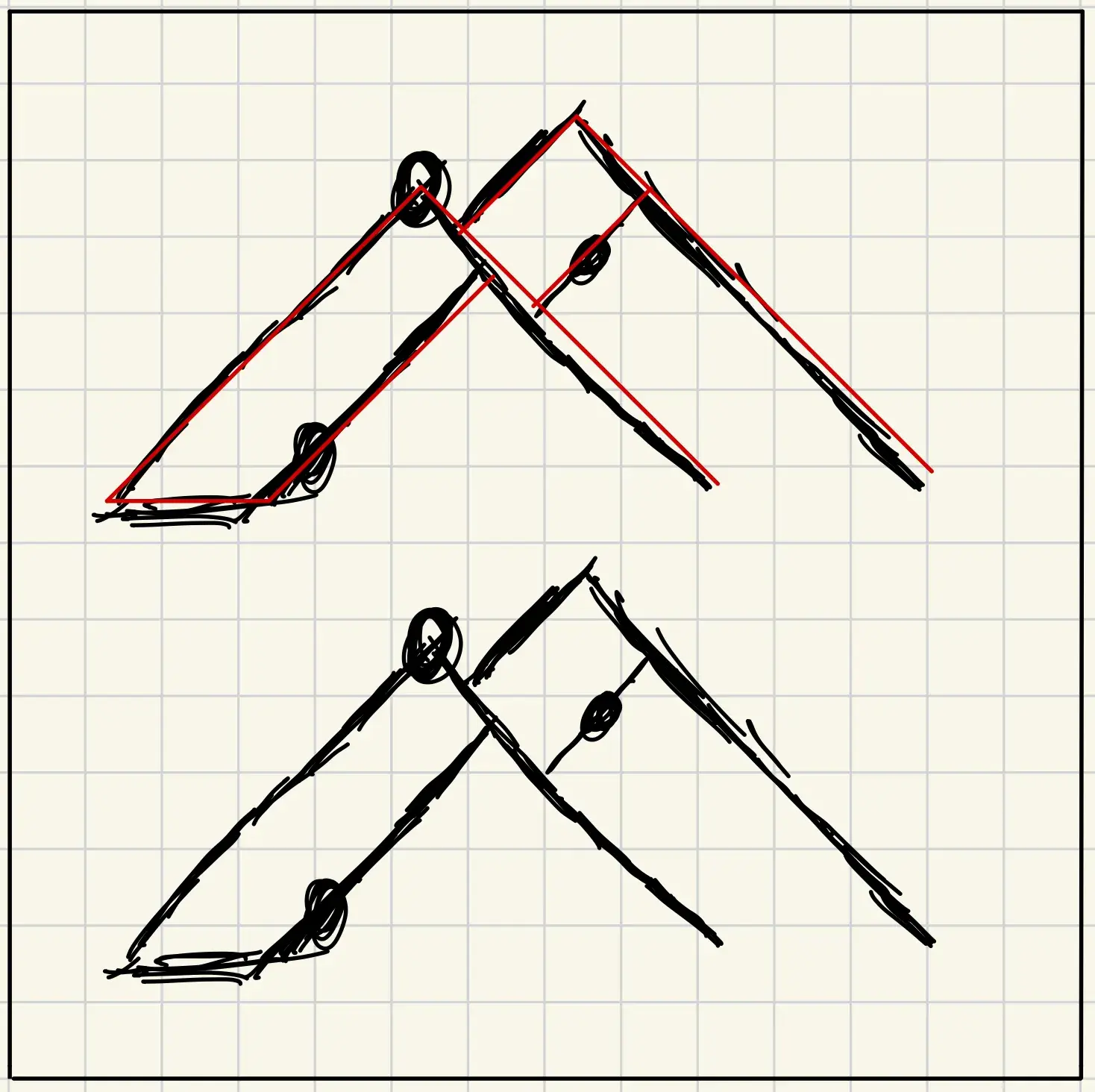 Pencil sketches on grid paper: two versions of a double peak with nodes on its slopes, one traced over in red