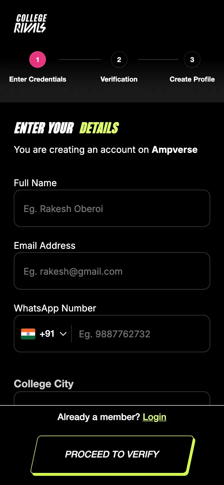 The sign-up page on a phone: step 1 of 3, Enter your details, with fields for full name, email and a WhatsApp number, and Proceed to verify.