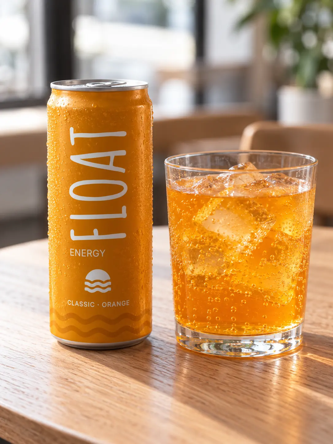 The Classic Orange can beside a glass of the orange drink over ice on a light oak café table