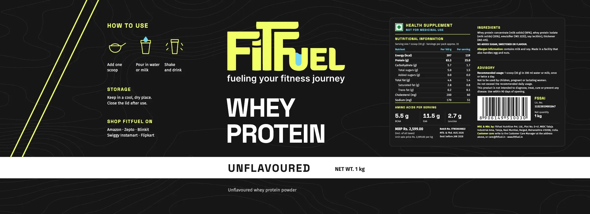 The unflavoured whey label, flat, with a white band