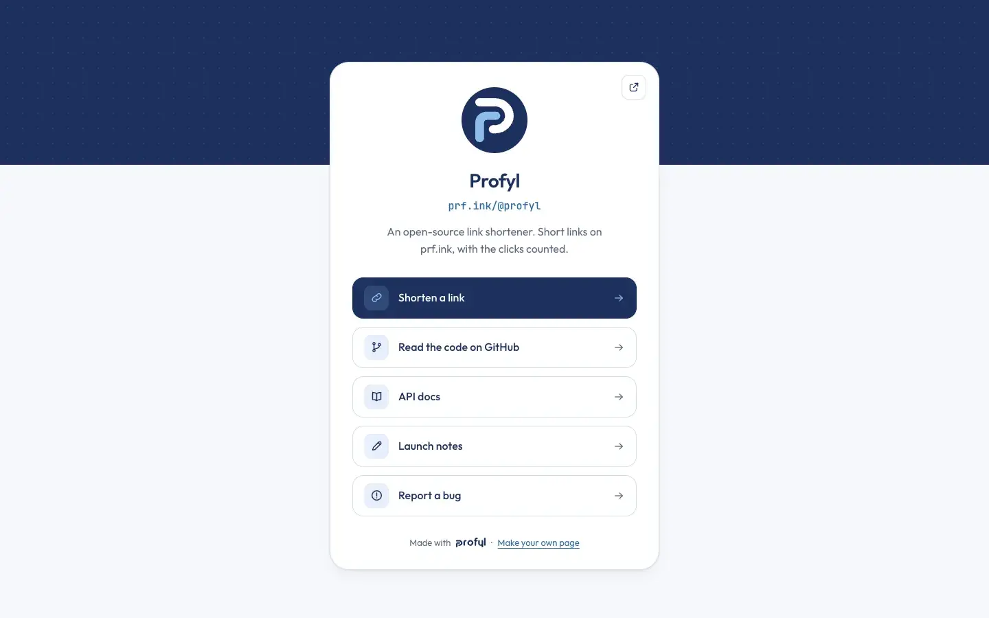 Profyl's own profile page at prf.ink/@profyl: the P, a line about the project and five links