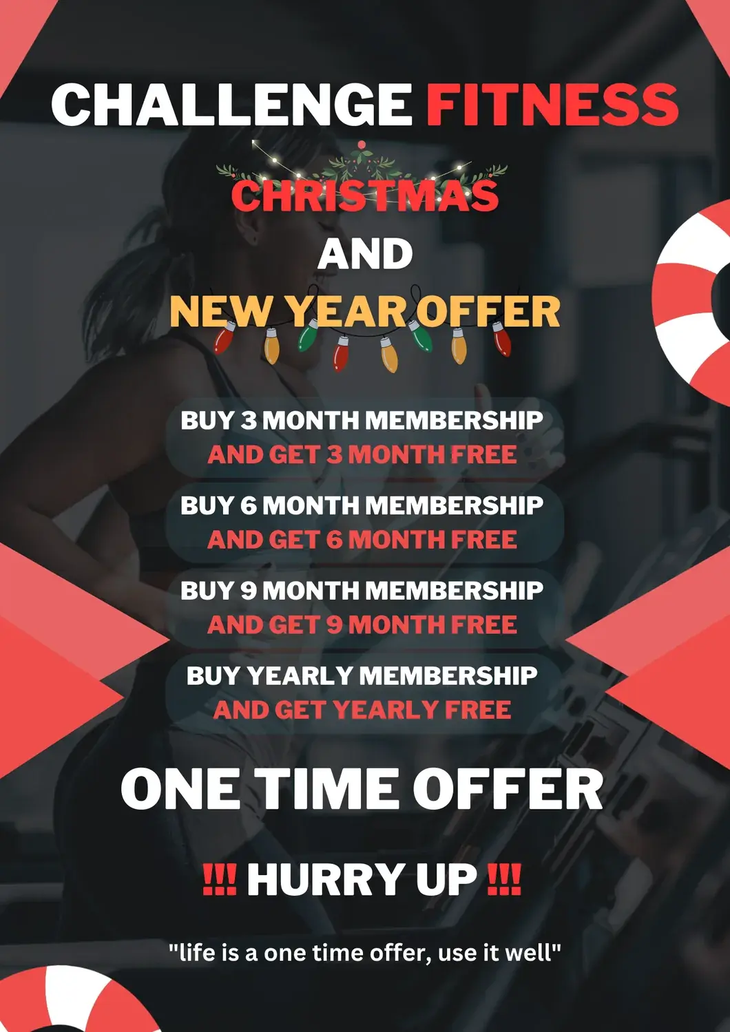 Christmas and New Year flyer: the name in white and red, CHRISTMAS AND NEW YEAR OFFER strung with lights, four buy-and-get-free offers, ONE TIME OFFER