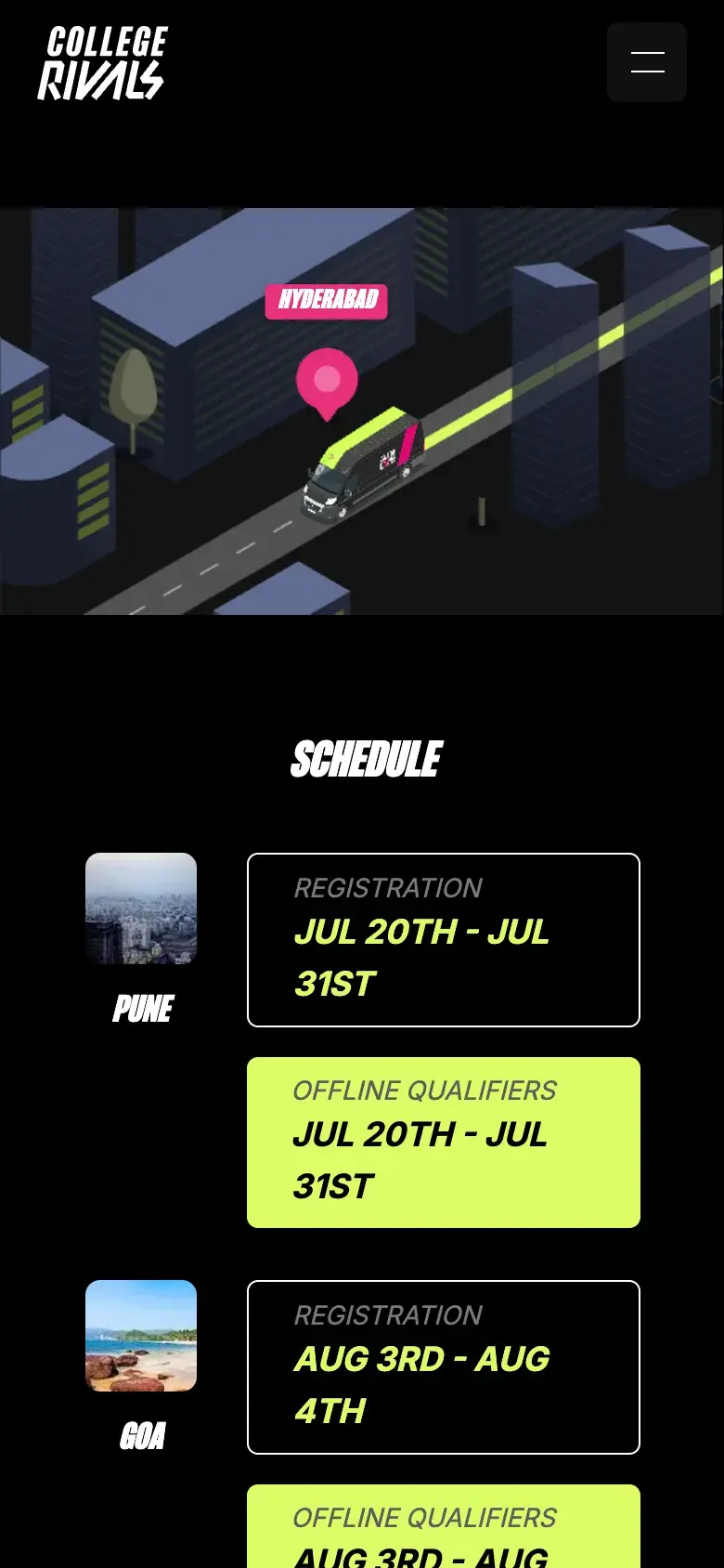 The truck locator on a phone: the truck under a Hyderabad pin on the illustrated map, then the schedule, starting with Pune.