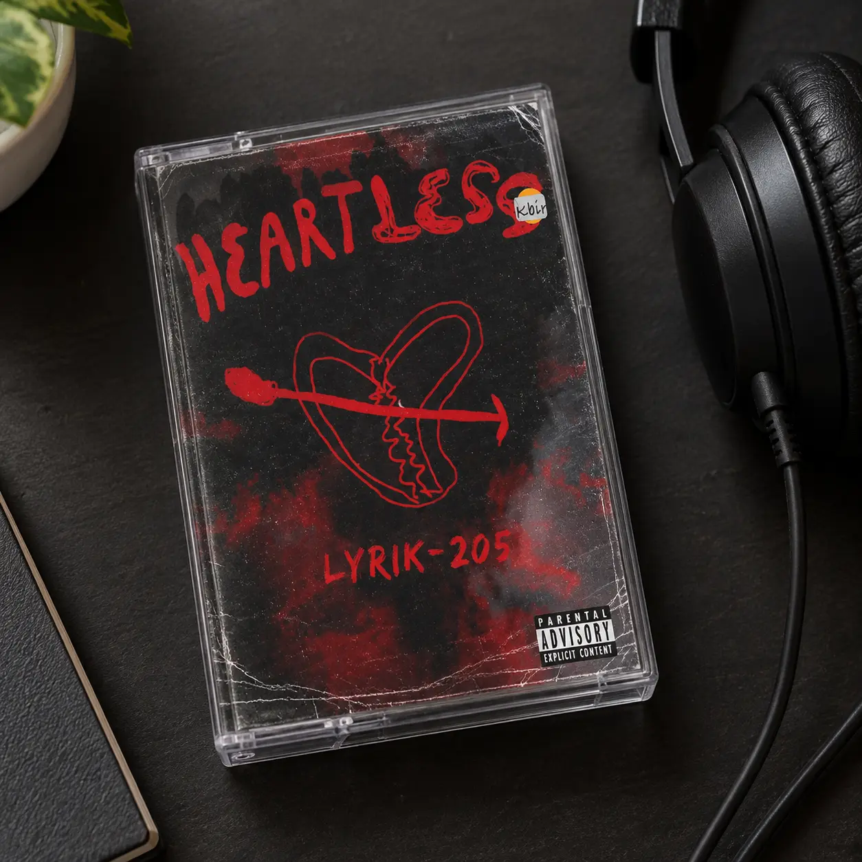 A clear cassette case with the Heartless cover as its insert, on a black desk next to wired headphones.