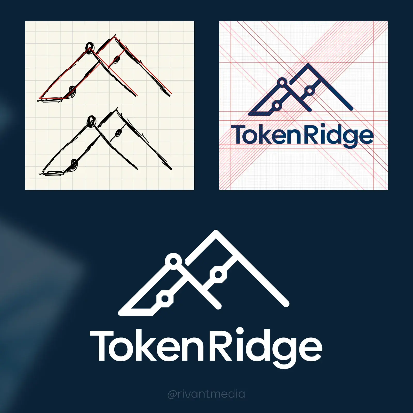 Launch post: the sketch and the construction grid above the finished logo