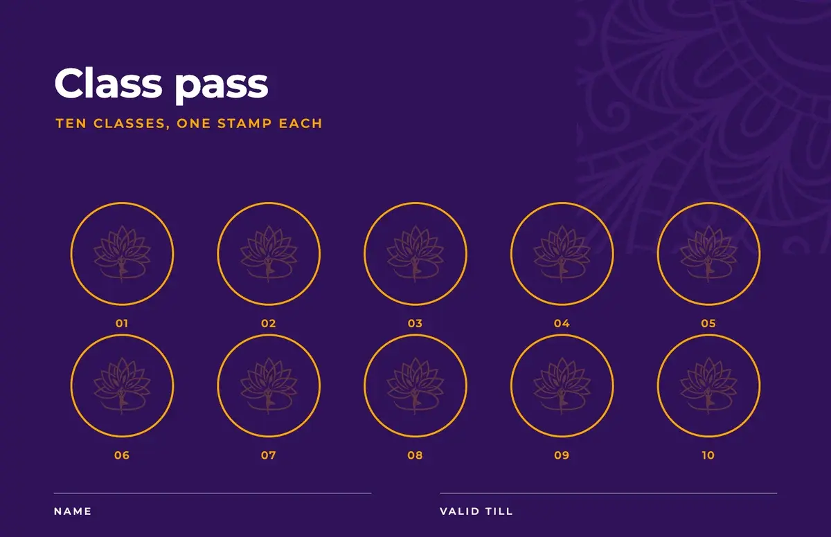 The class pass back: ‘Class pass, ten classes, one stamp each’, ten amber stamp circles and lines for a name and a date.