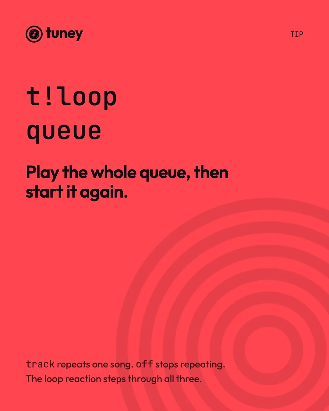 A tip post on coral: t!loop queue, Play the whole queue, then start it again