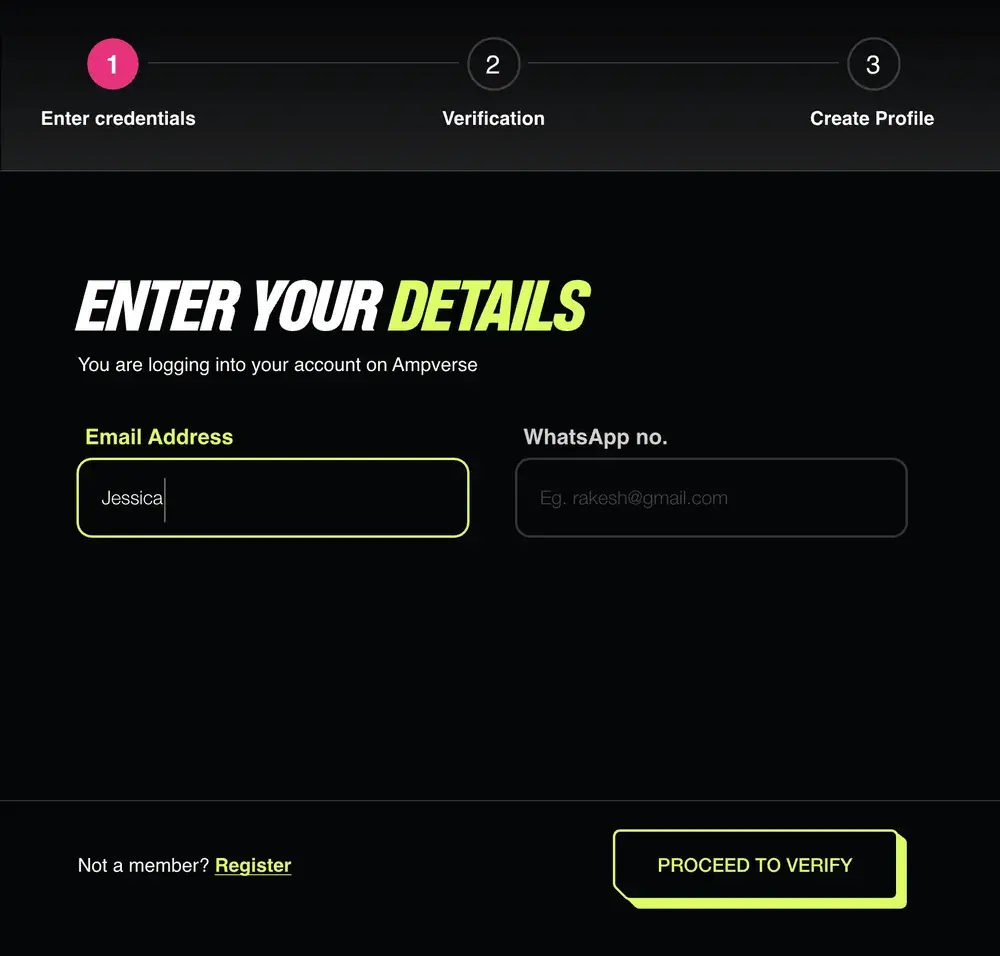 Design: log in, Enter your details, with fields for an email address or a WhatsApp number.