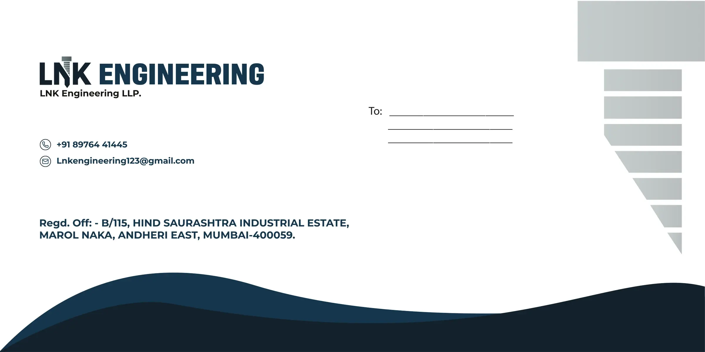 DL envelope: the legal logo, phone, email and registered office at the left, lines for the recipient, the bolt in steel grey standing at the right edge and a two-tone navy wave along the bottom.