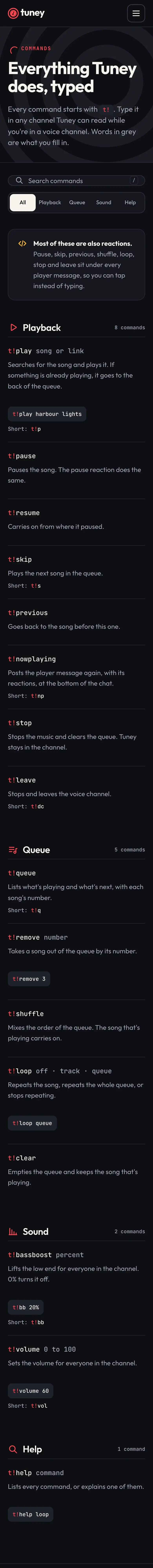 The commands page on a phone, the groups stacked, each command with its example and short form