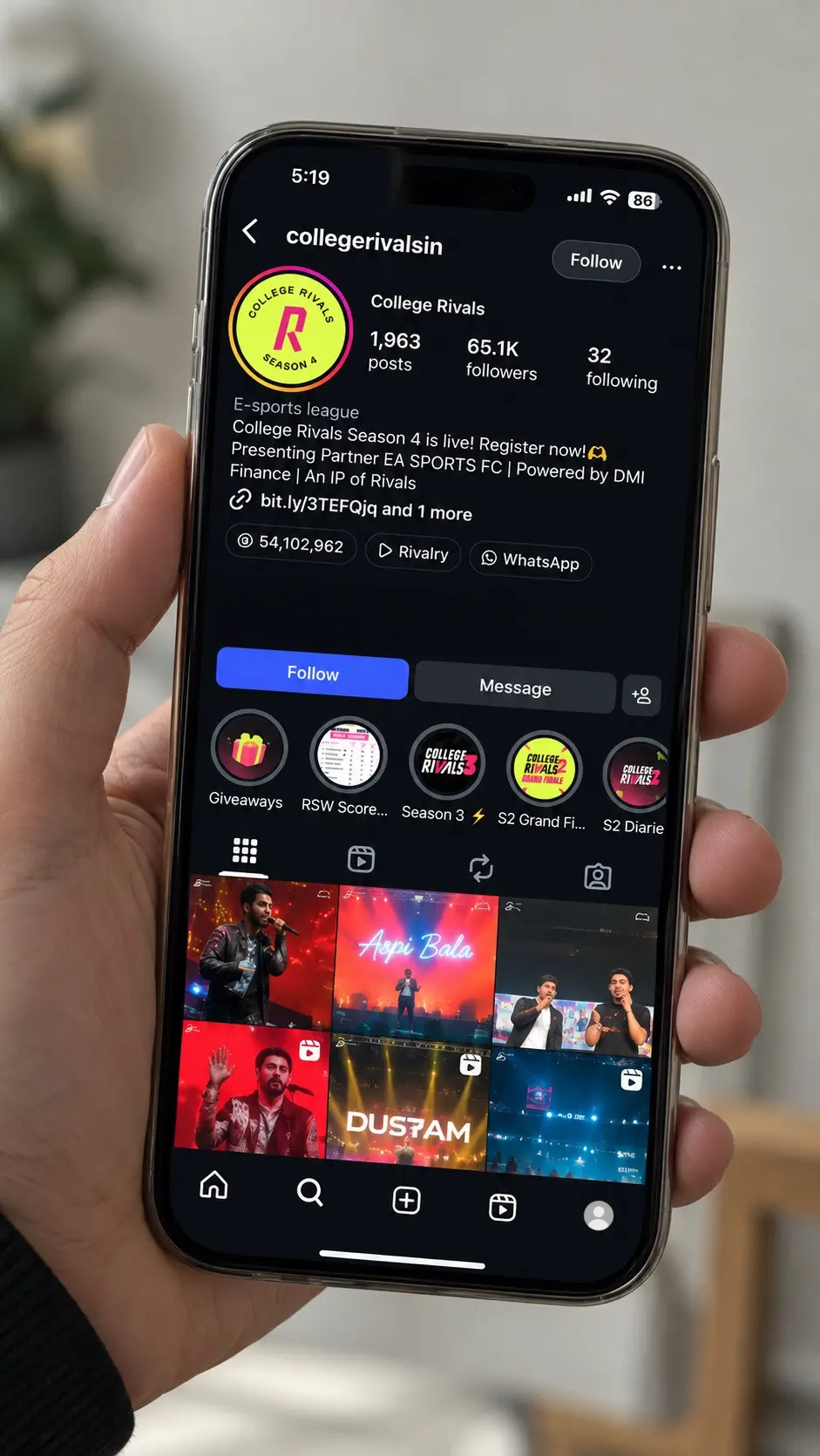 College Rivals' Instagram profile on a phone, one of our social media accounts