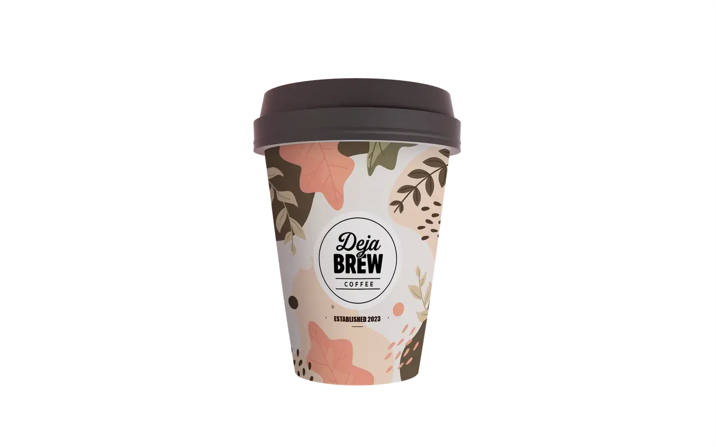 Deja Brew's takeaway cup: leaves and blotches in terracotta and brown, with the round black-and-white badge.