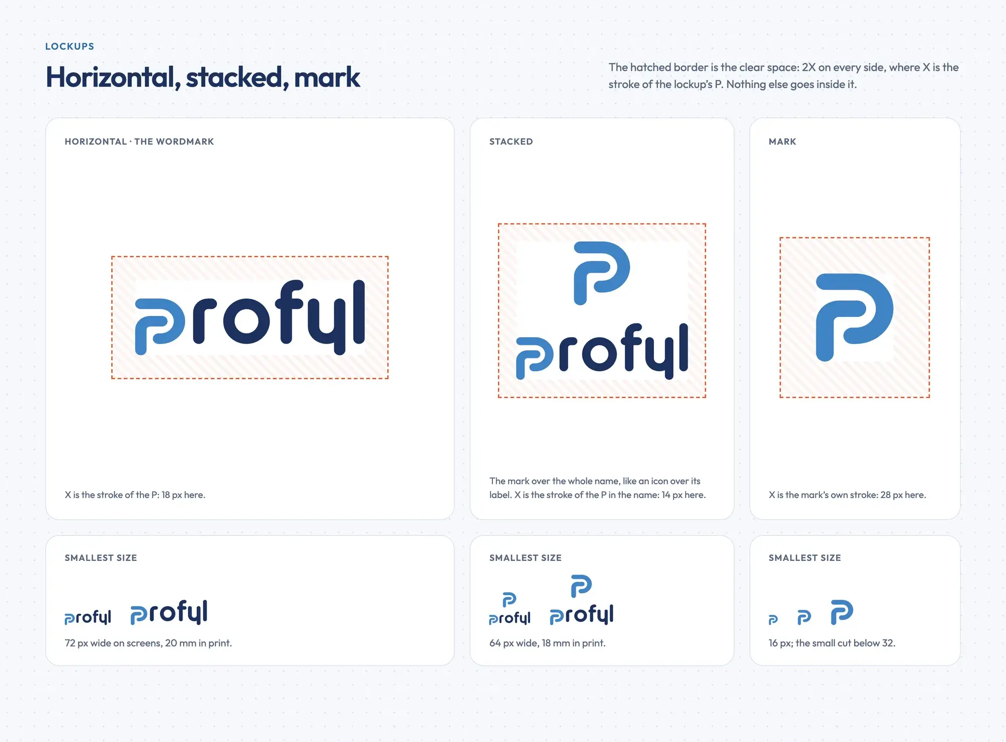 The horizontal wordmark, the stacked lockup and the mark alone, each inside a hatched clear-space border twice the stroke of its P, with their smallest sizes below
