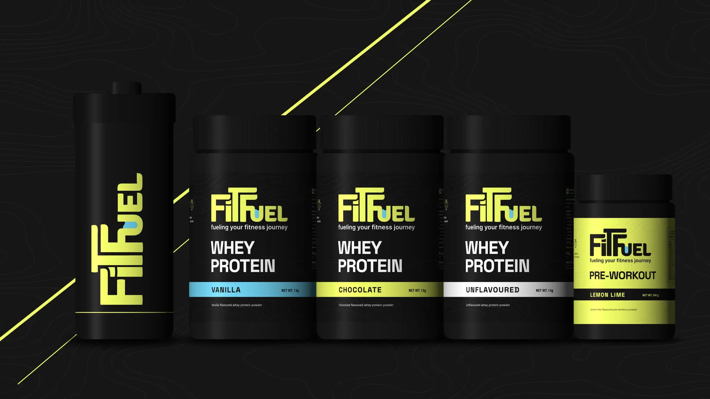 The range together: the shaker, three whey tubs and the lime pre-workout tub, with a lime court line cutting behind