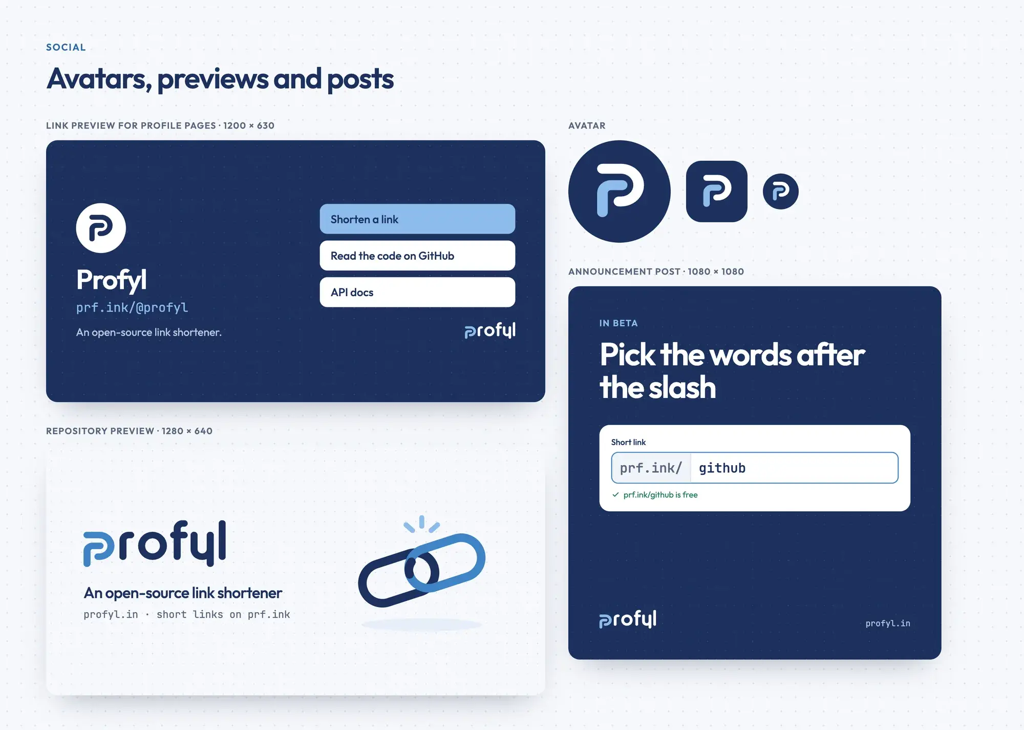 A link preview for profile pages, a repository preview, avatars and an announcement post for custom short links