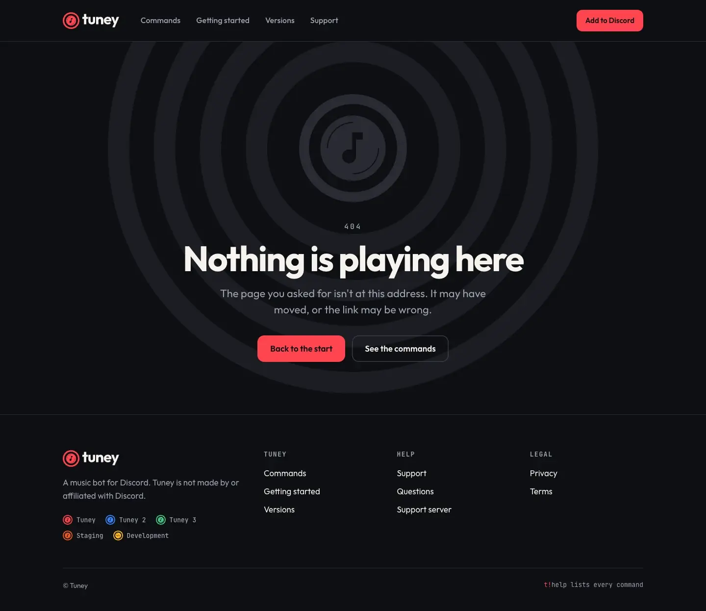 The 404 page: the mark in grey on rings, Nothing is playing here, and two buttons