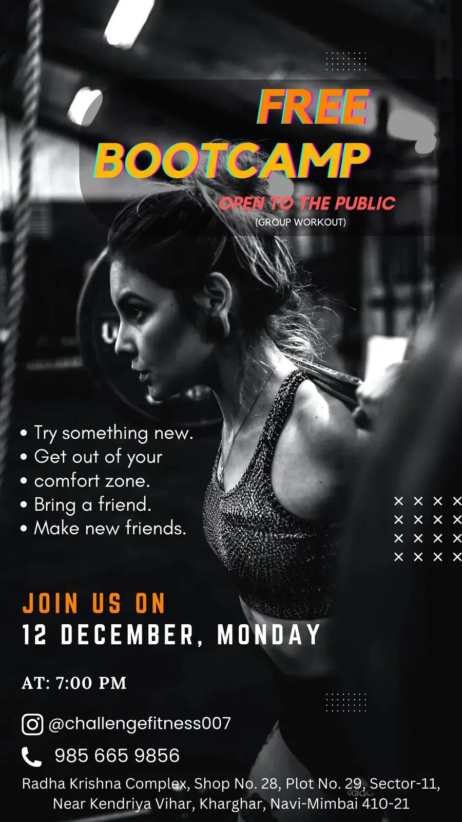 Free Bootcamp story: the same words over a woman training, in black and white