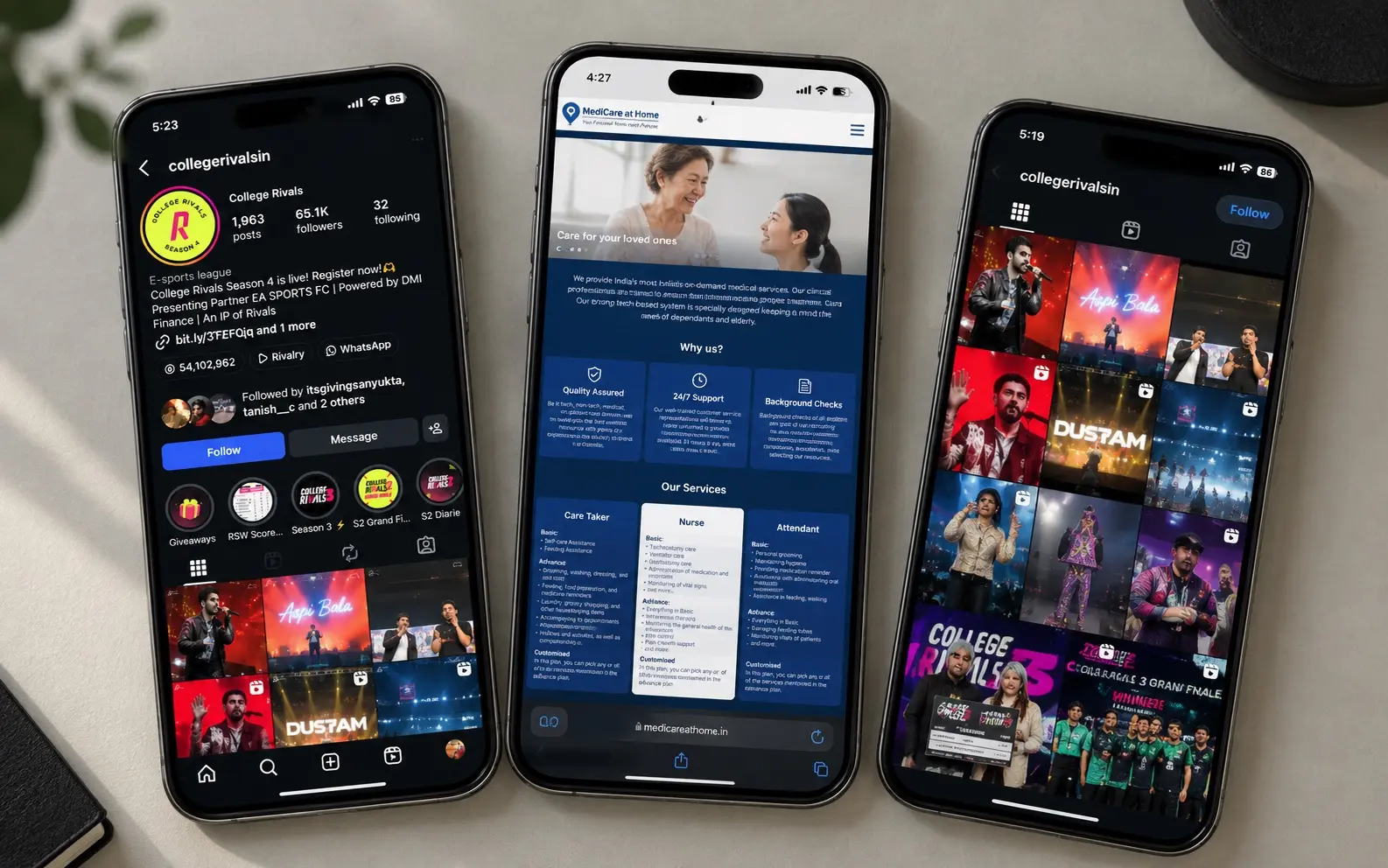 Three phones showing College Rivals' Instagram and the MediCare at Home website