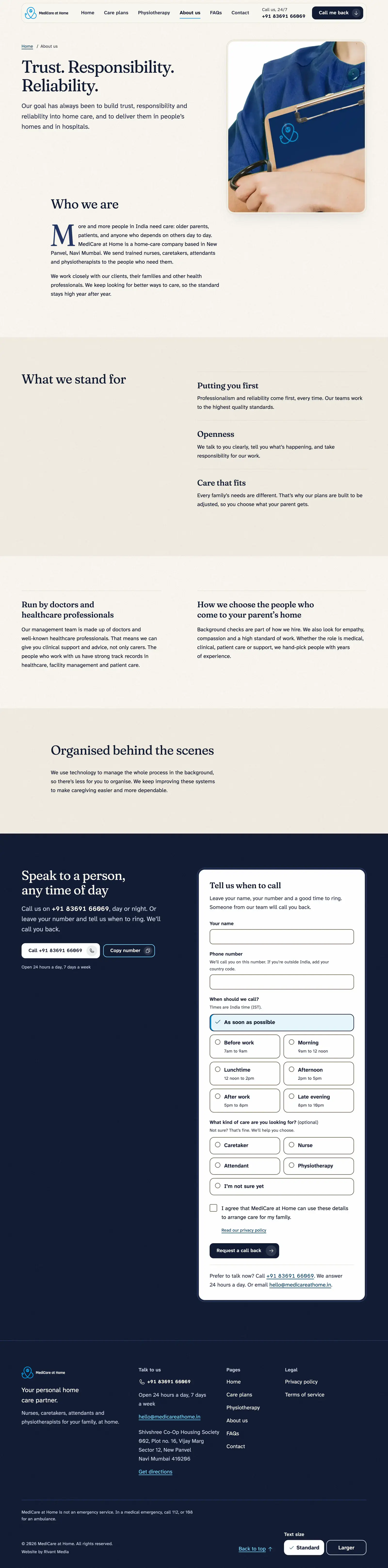 The about us page on desktop: “Trust. Responsibility. Reliability.”, who we are, what we stand for, who runs the company, how staff are chosen, and the technology behind the scenes