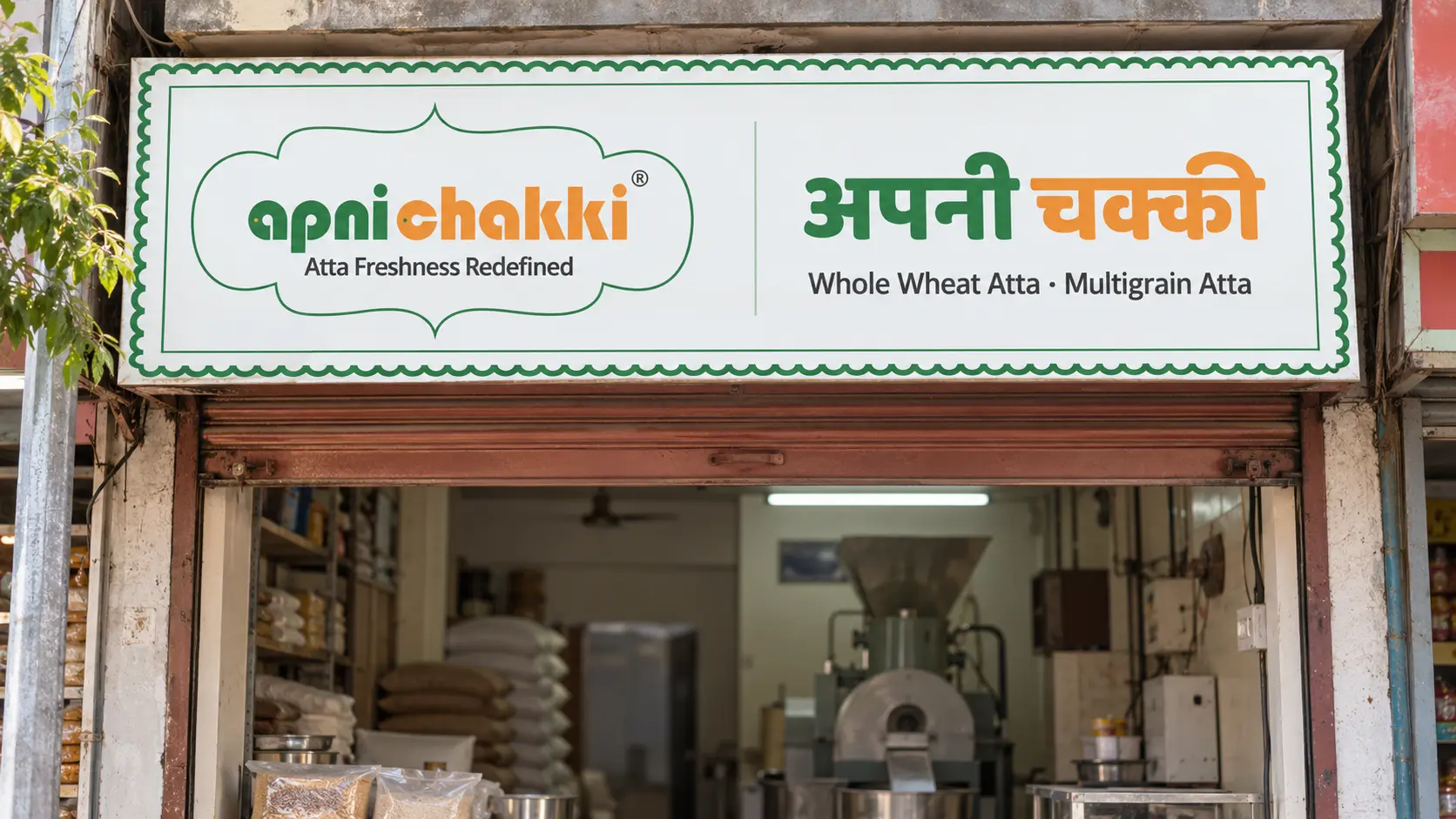 The Apni Chakki board above a small flour mill with its shutter open