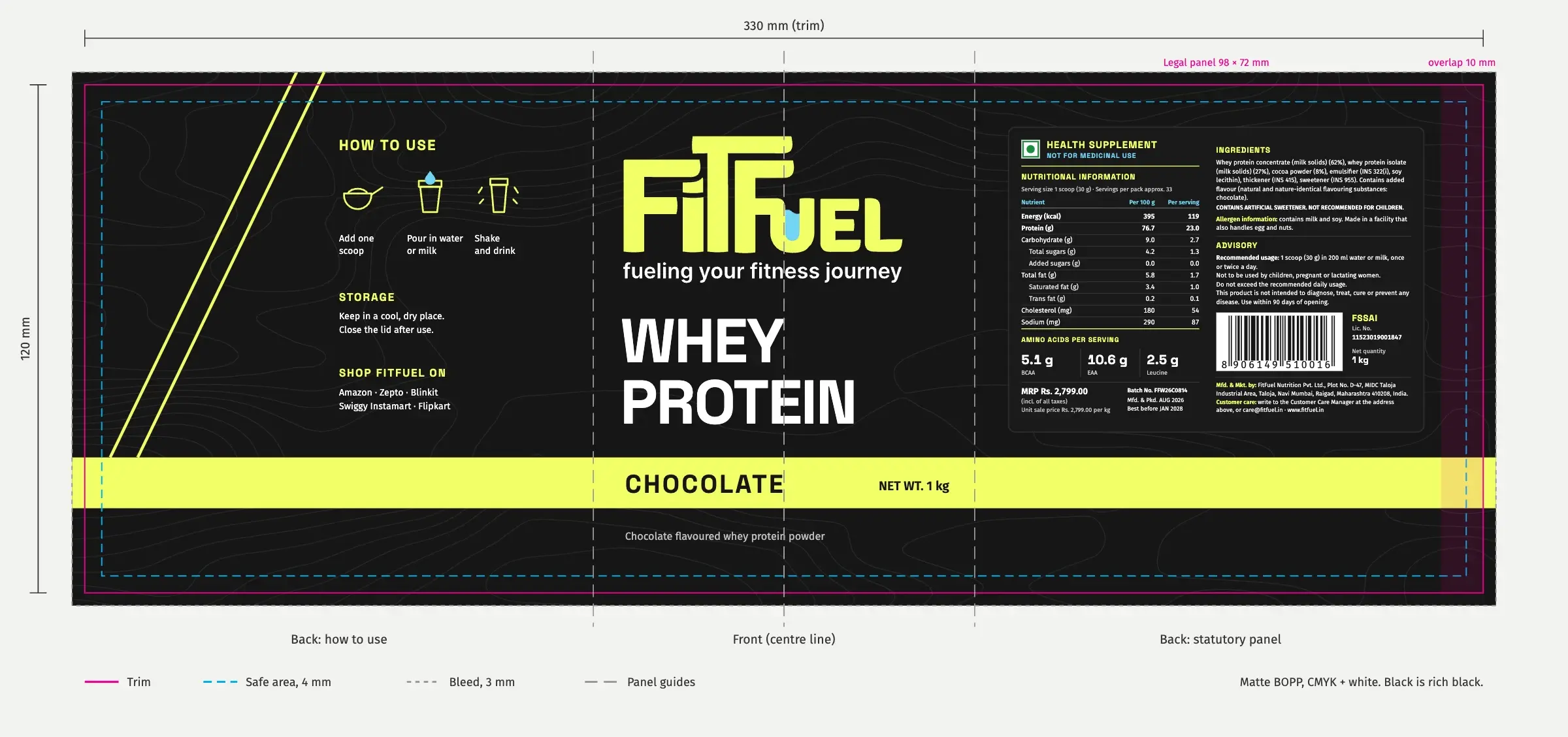 The whey label's print file: the artwork inside magenta trim and cyan safe lines, marked 330 by 120 mm, with a 10 mm overlap and sample statutory details on the back panel