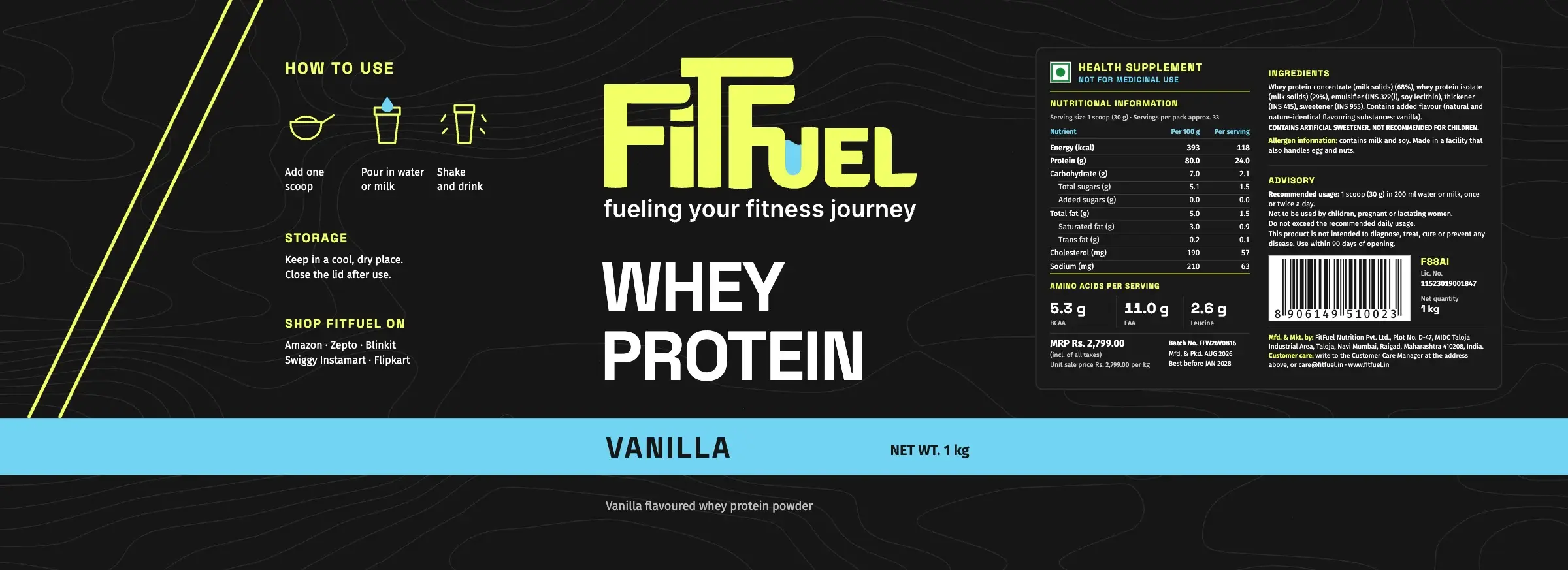 The vanilla whey label, flat, with a cyan band