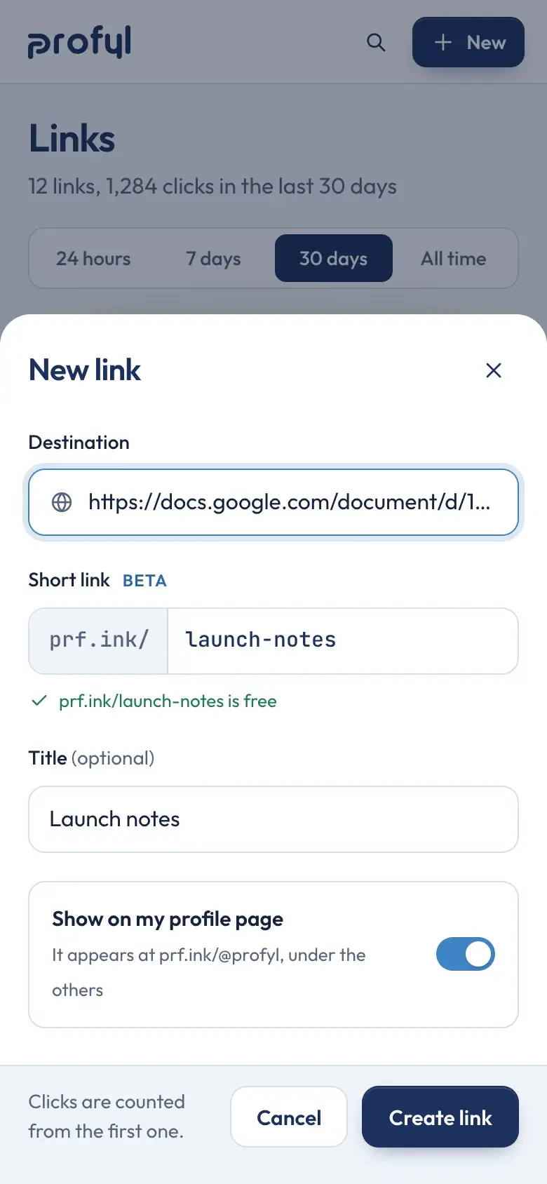 New link on a phone, as a sheet rising from the foot of the screen