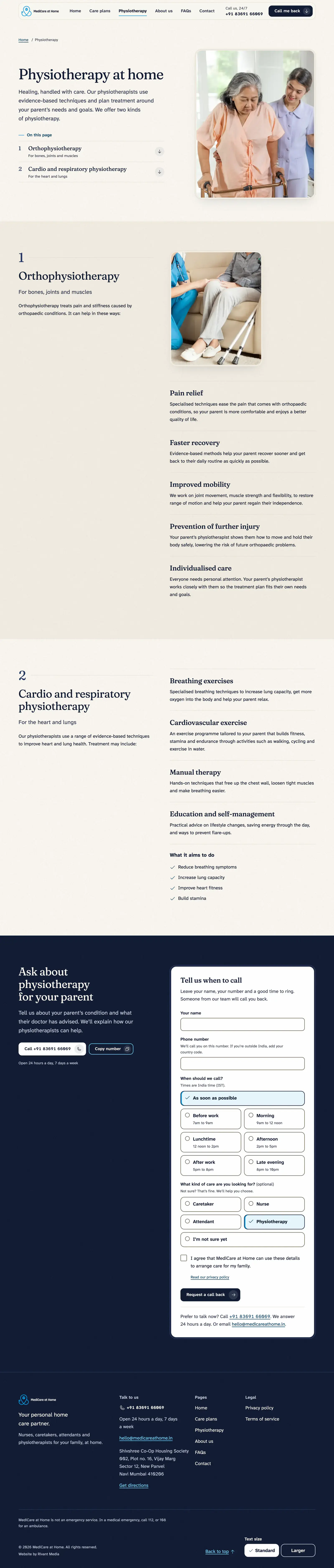 The physiotherapy page on desktop: “Physiotherapy at home”, then orthophysiotherapy, and cardio and respiratory physiotherapy, with what each helps with