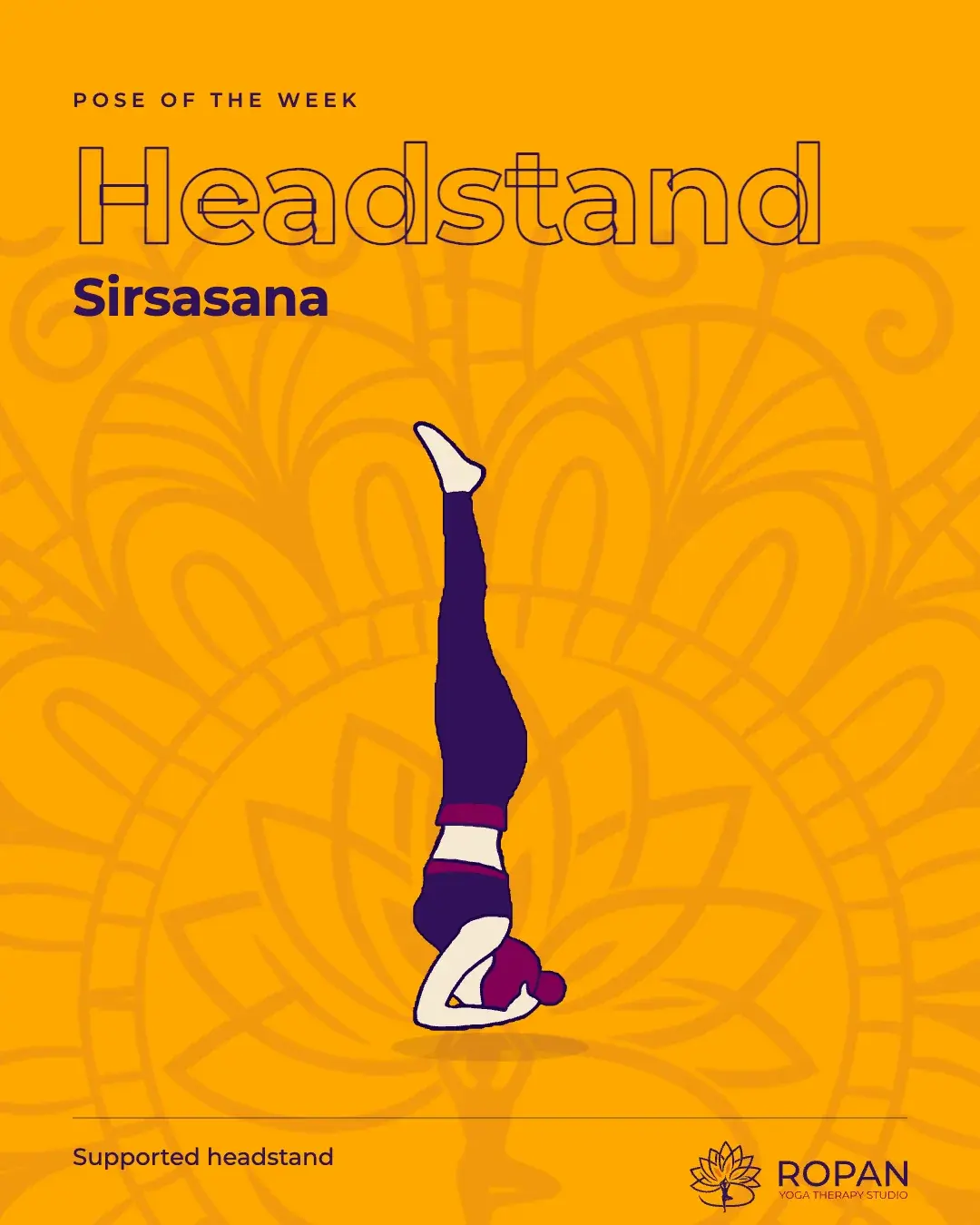 Post: Pose of the week, Headstand, Sirsasana, the figure large on amber with the mandala behind.