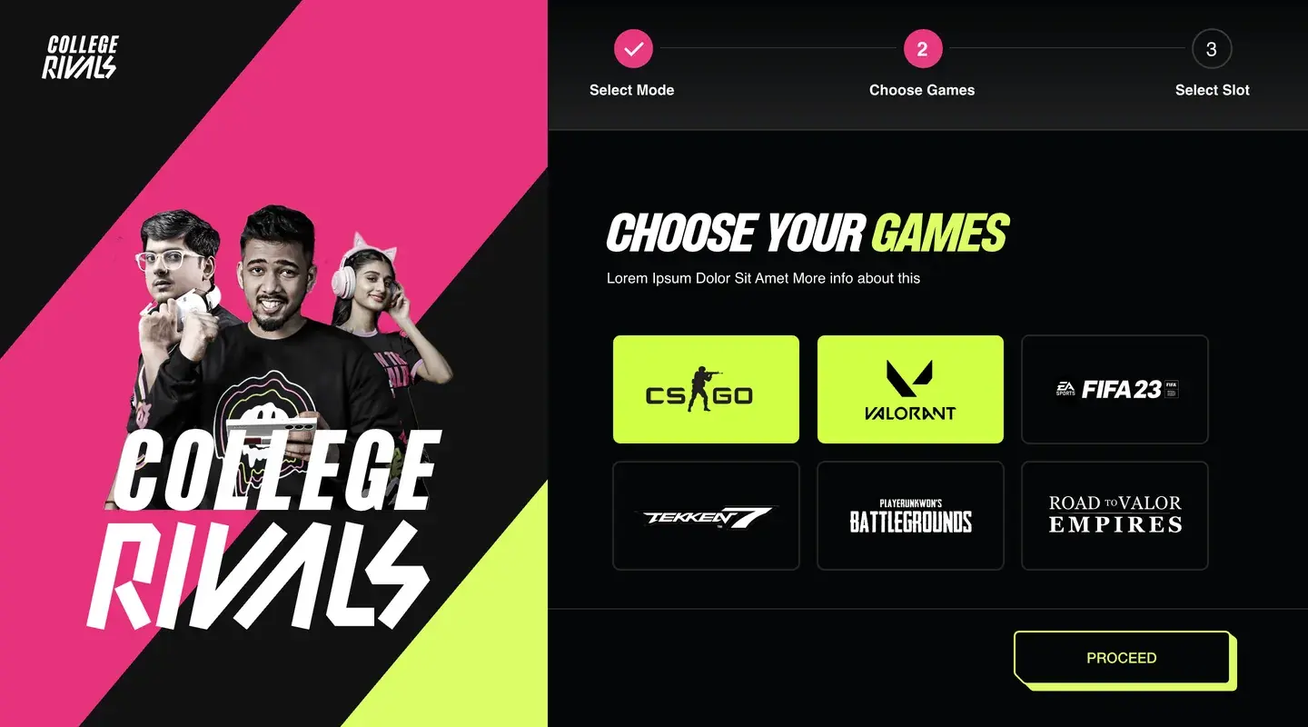 Design: Choose your games, a grid of six titles with two picked in lime.