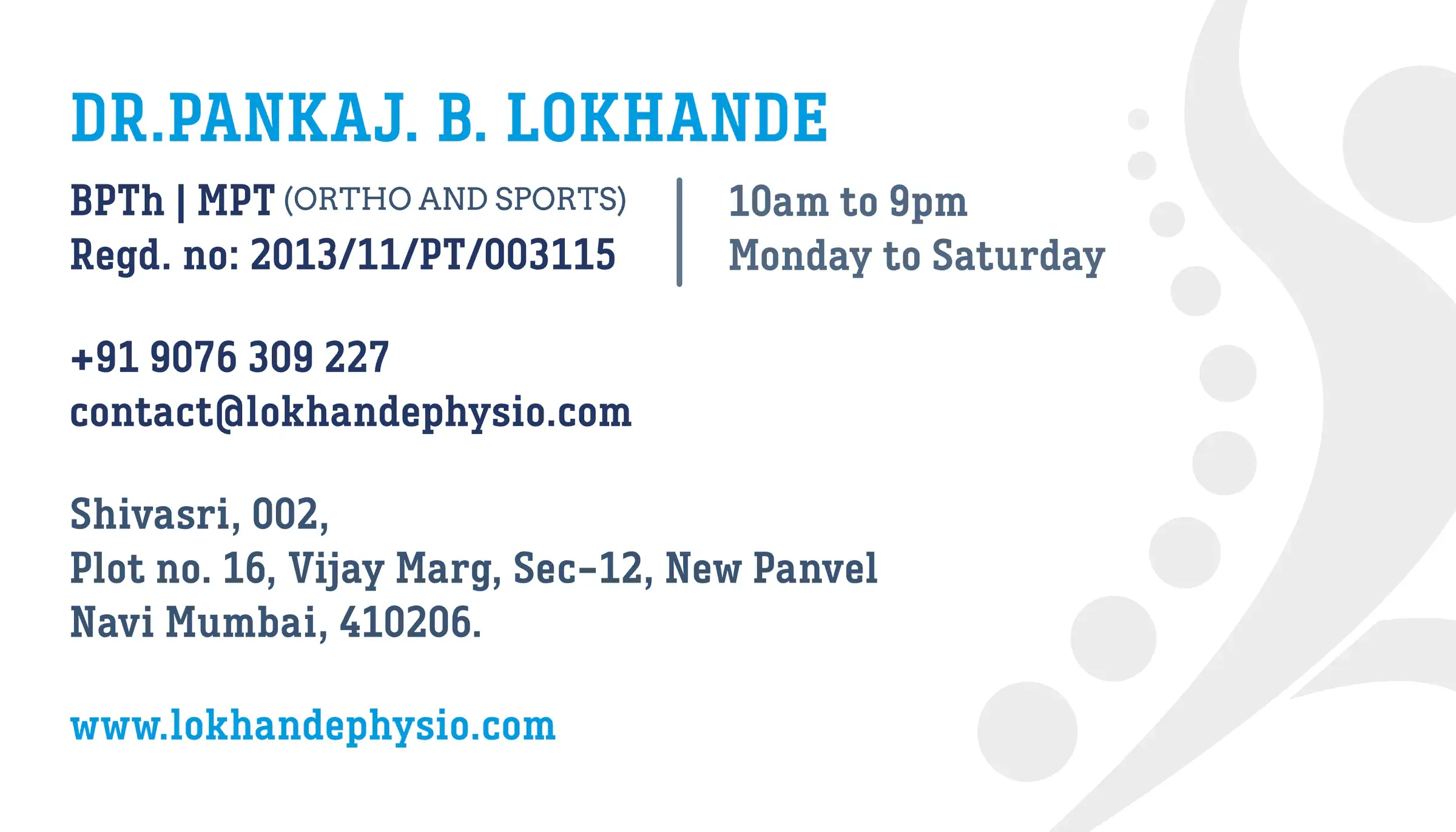 Visiting card back: Dr. Pankaj B. Lokhande's qualifications, registration number, timings, phone, email and New Panvel address, with the spine figure in grey off the right edge.