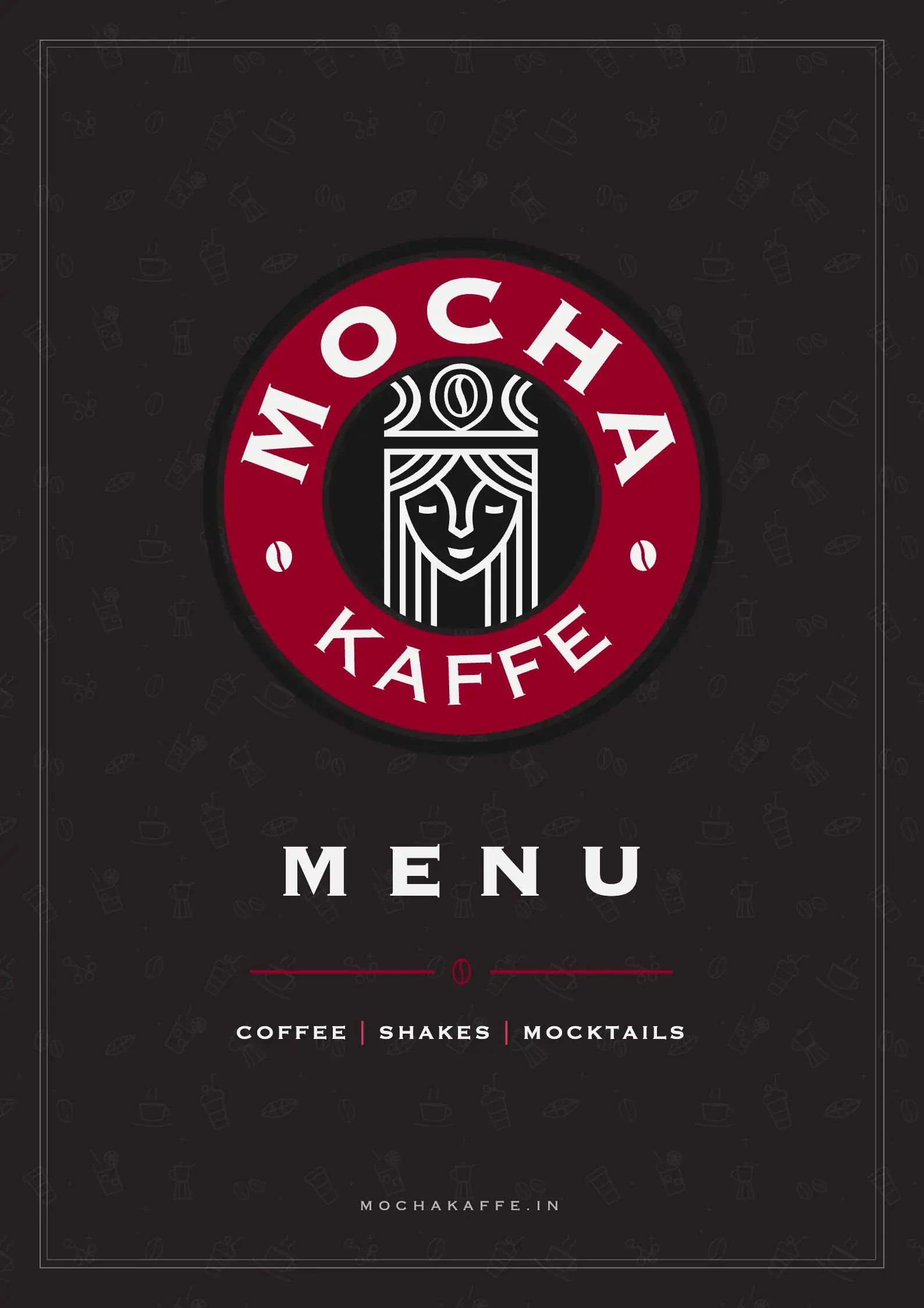 The menu's front: the red crest on coffee brown, MENU in wide capitals, a red rule with a bean, and COFFEE | SHAKES | MOCKTAILS.