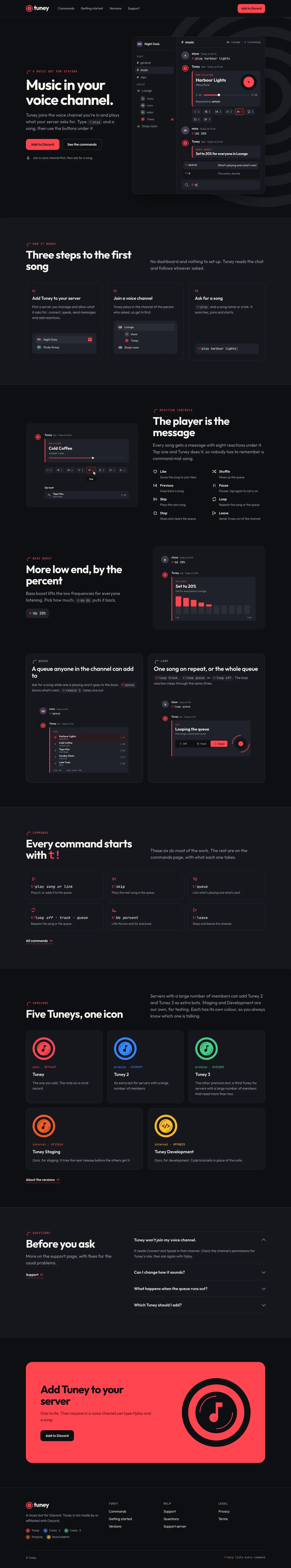 Tuney’s home page as designed: Music in your voice channel beside a chat where Tuney plays a song, then three steps, the reaction controls, bass boost, queue and loop, the commands, the five versions, questions and a coral closing band