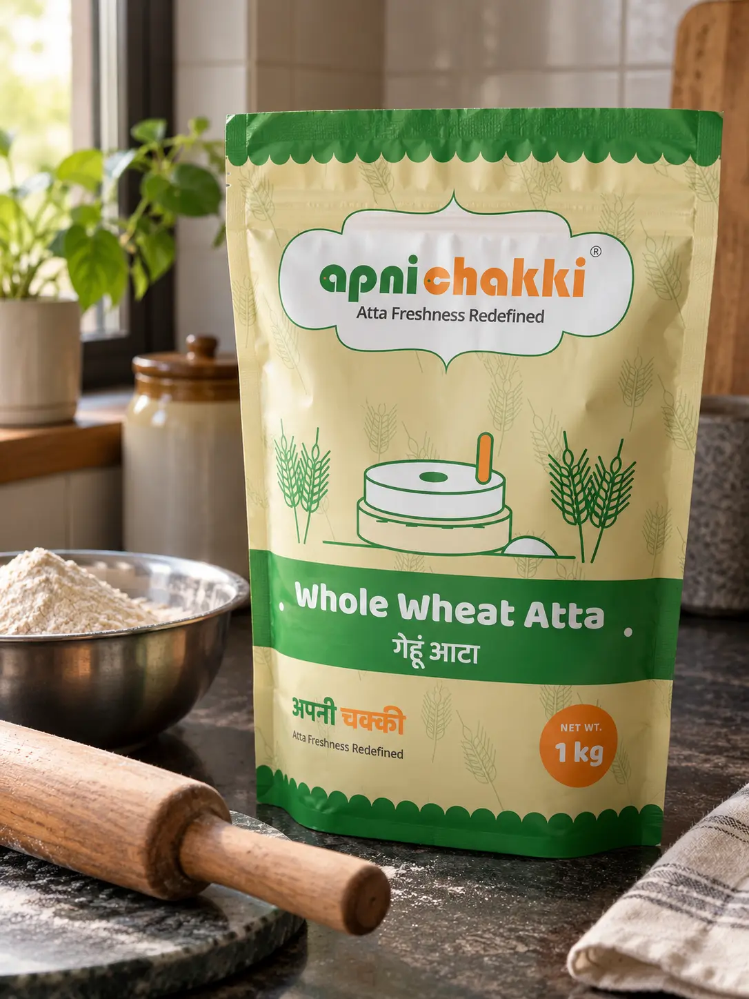A 1 kg Apni Chakki whole wheat atta pouch on a kitchen counter beside a steel bowl of flour and a rolling pin