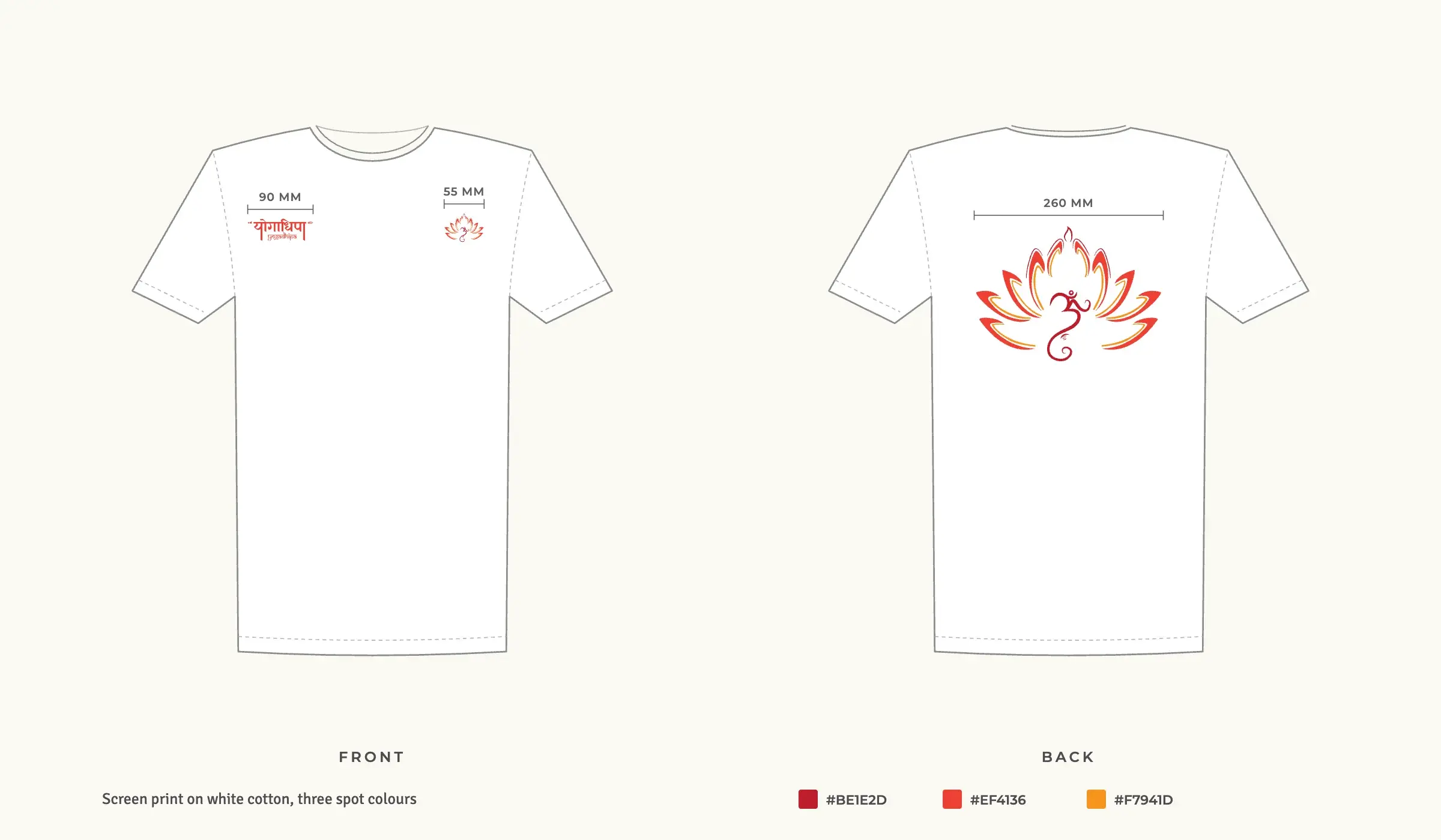Flat drawings of the T-shirt, front and back: the wordmark at 90 mm and a 55 mm lotus on the chest, a 260 mm lotus on the back, in three spot colours.