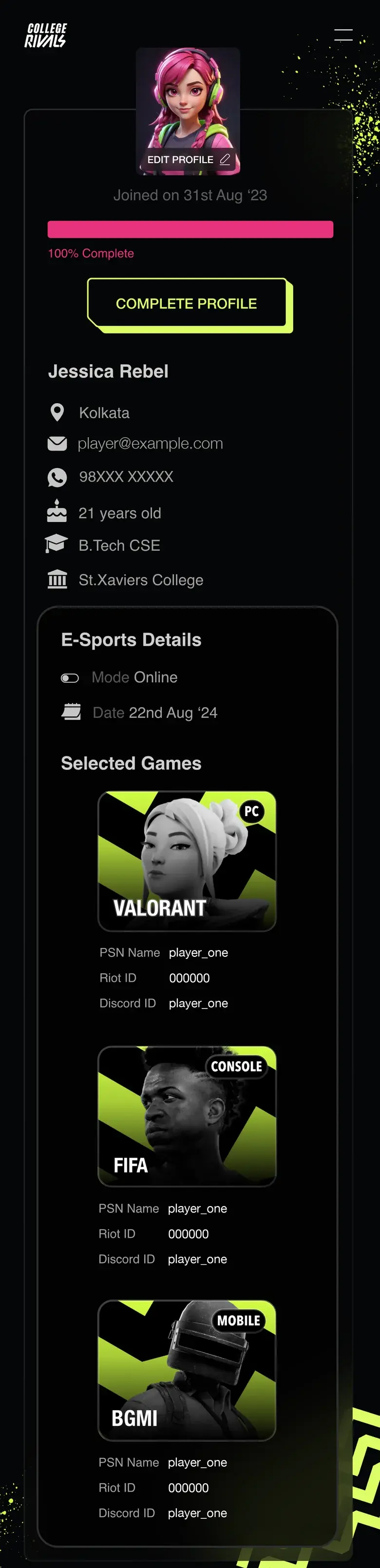 Design: the finished profile on a phone, the game cards stacked.