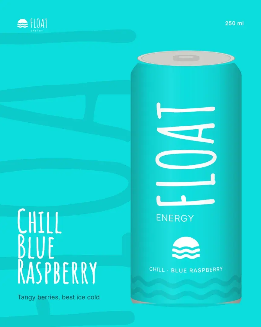 Launch post for Chill Blue Raspberry: the can on cyan, FLOAT huge and tonal behind it