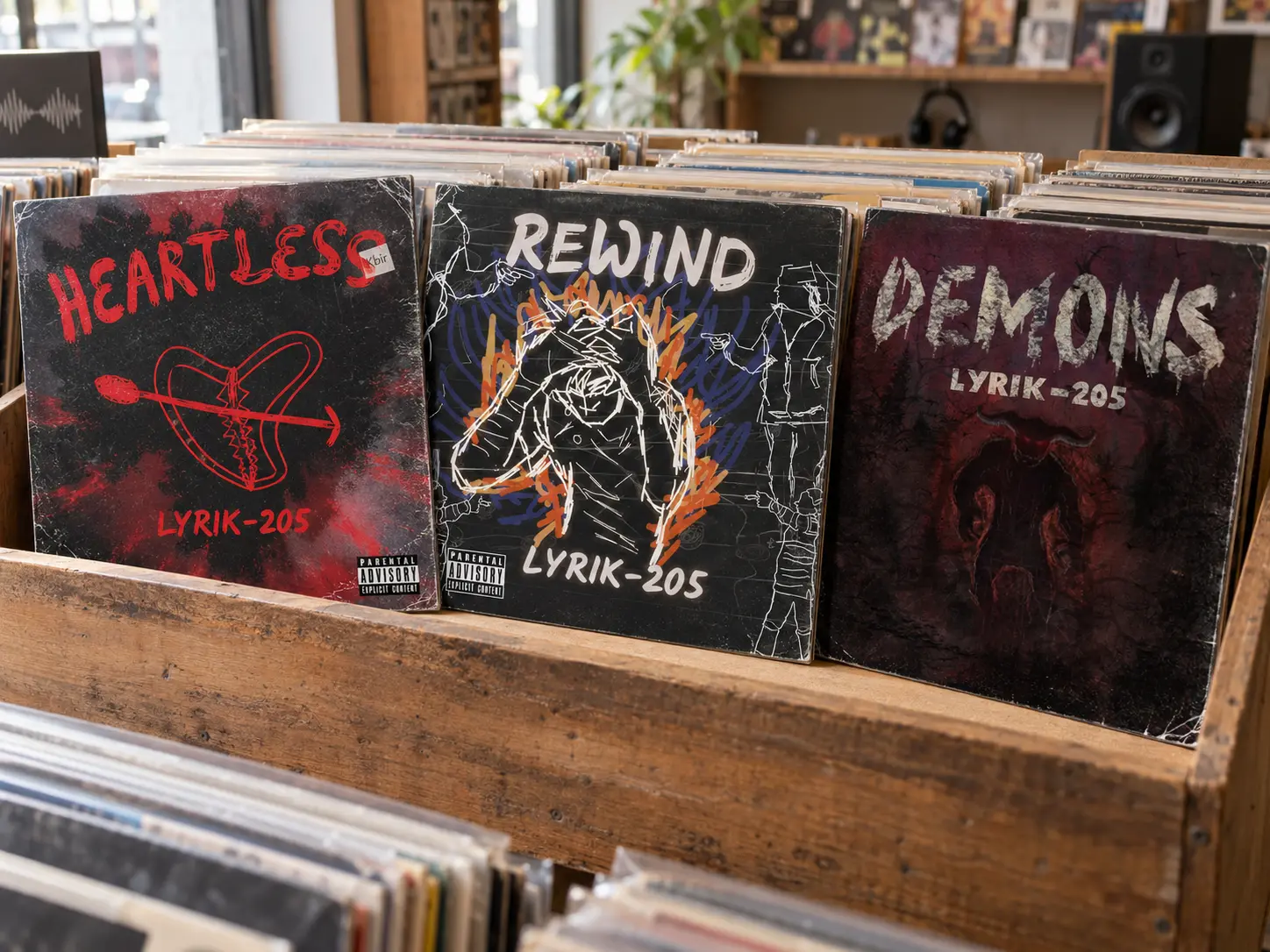 The 91 Flow, Rewind and Demons sleeves fanned at the front of a wooden record crate in a small shop.