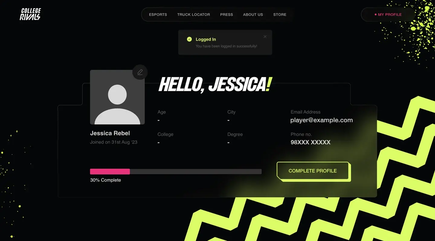 Design: a new profile, Hello, Jessica!, at 30% complete, its fields still empty, with a Complete profile button.