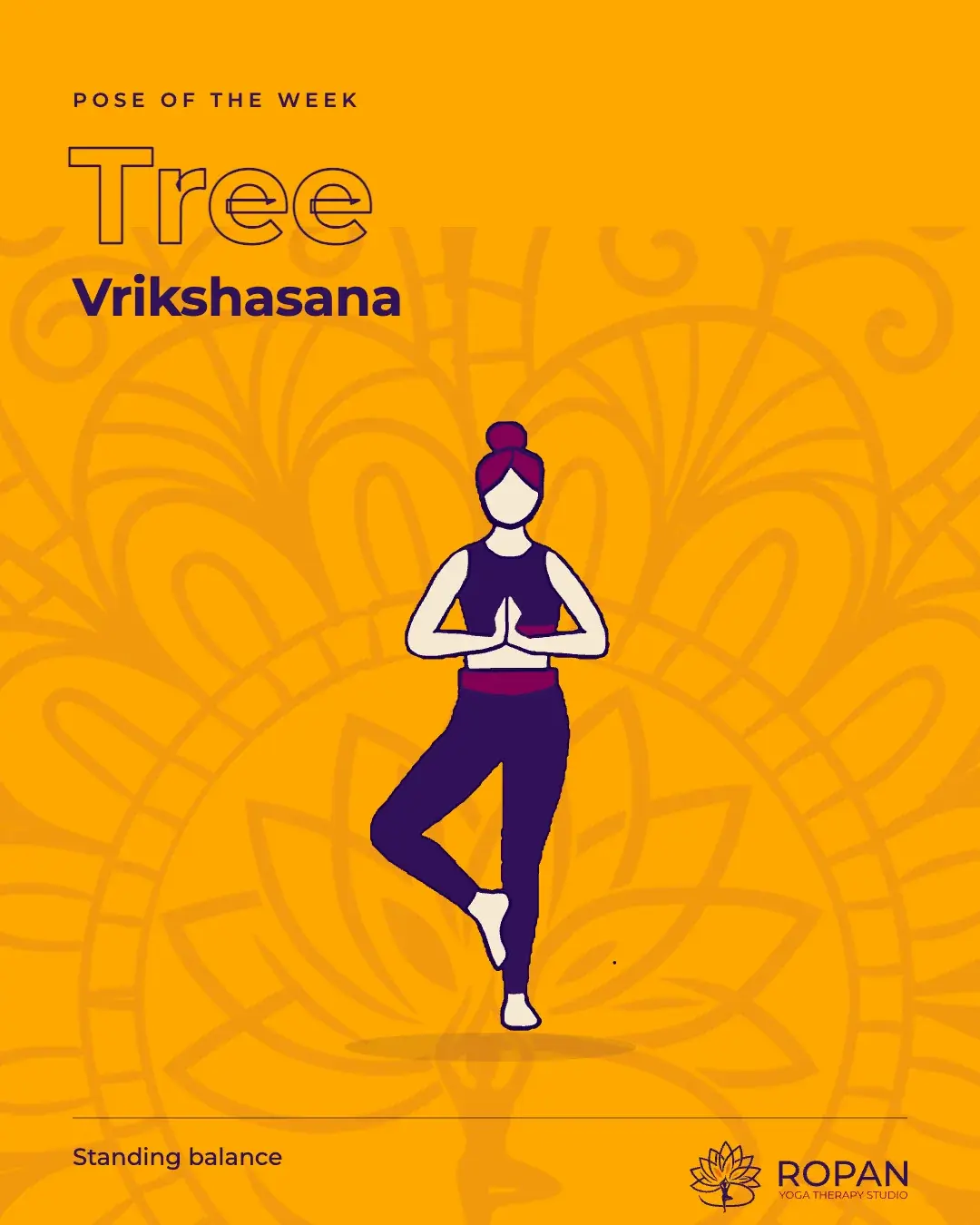 Post: Pose of the week, Tree, Vrikshasana, the figure large on amber with the mandala behind.