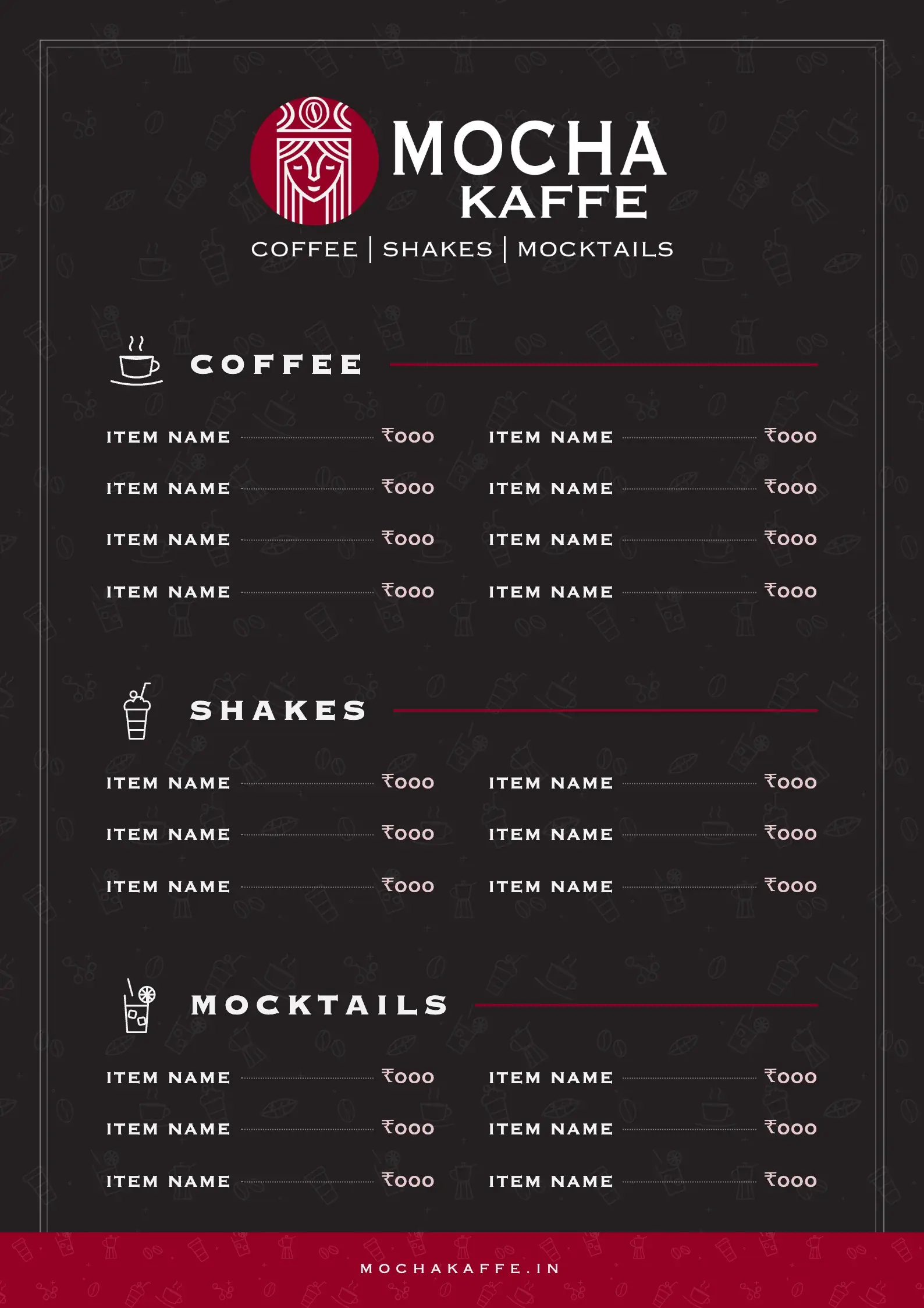 The menu's inside: the white lockup at the top, then Coffee, Shakes and Mocktails, each with a line drawing and two columns of item lines with dotted leaders to the prices.