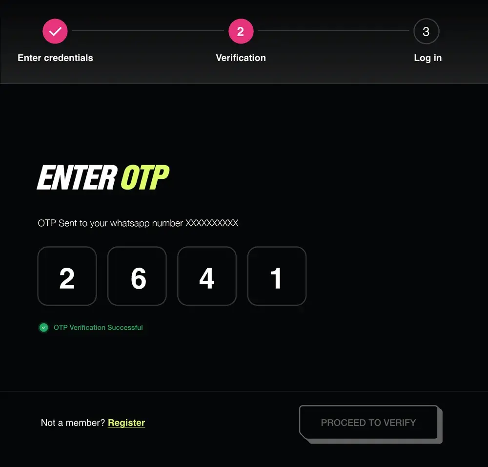Design: all four digits in, and OTP verification successful in green.